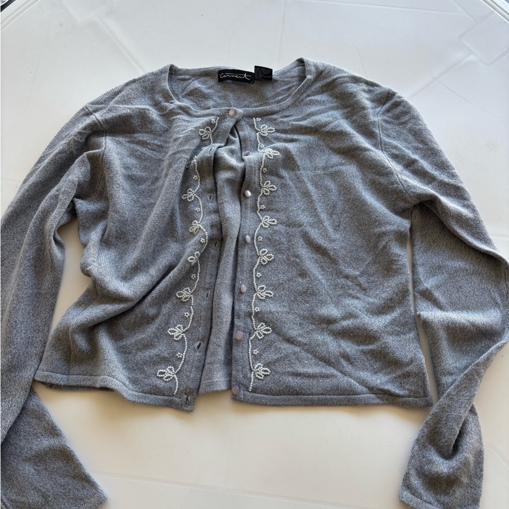 Gray Cardigan with Embroidered Details